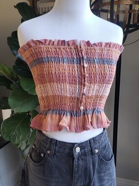 Striped Smocked Off-the-Shoulder Crop Top — Peach Multicolor